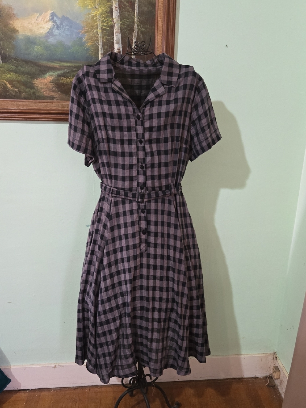 Xiaolizi Retro Fit And Flare Checked Linen Lightweight Dress Buttondown. L 50's